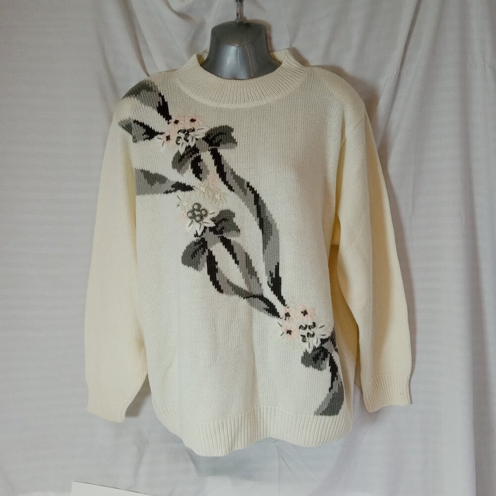 ALIA Pink White Embroidered Knit Pullover Sweater Size L Grannycore 1980s